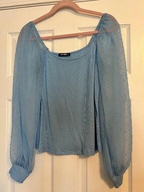 BTFBM Women's Sky Blue Sheer Sleeve Ribbed Blouse